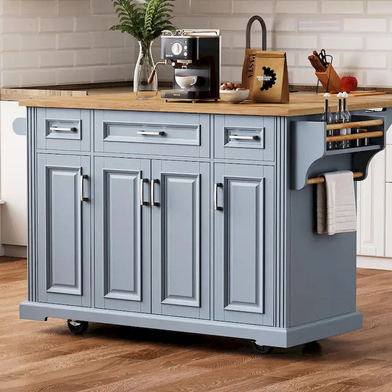 54 Large Kitchen Island With Rubber Wood Drop Leaf, Embossed Texture Rolling Kitchen Cart On 4 Wheels With 4 Doors And 3 Drawers
