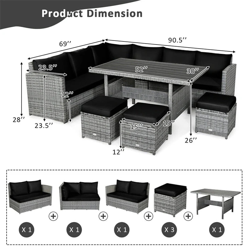 7 Pcs Rattan Patio Dining Furniture Sectional Sofa Set With Dining Table, Ottomans And Cushions