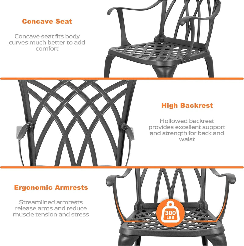 Nuu Garden Bistro Set 3 Piece Outdoor Cast Aluminum Patio Bistro Set Patio Table And Chairs Set Of 2 With Umbrella Hole And Gray Cushions, Black