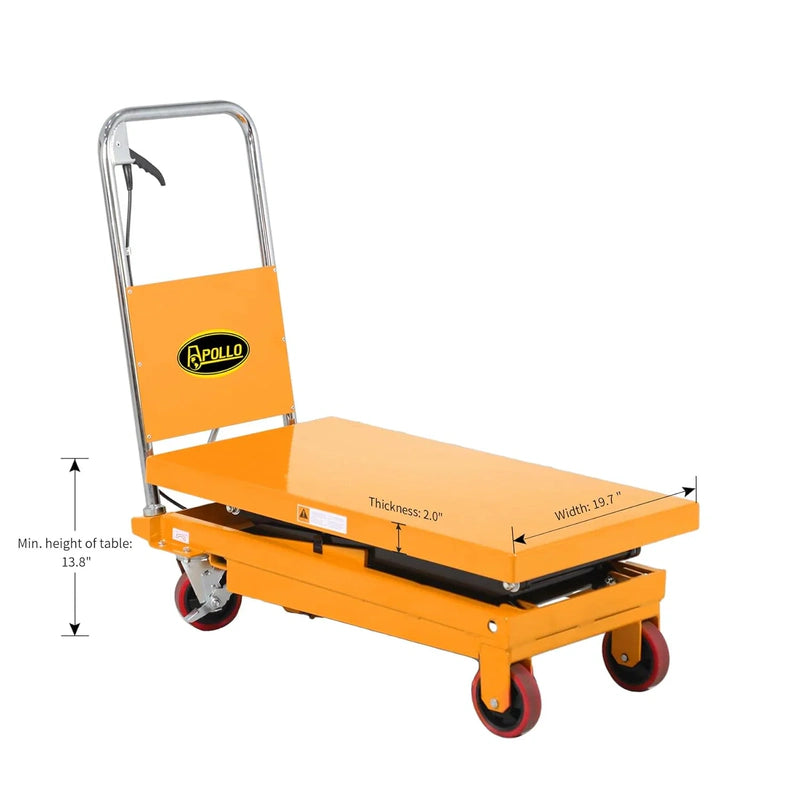 Apollolift Hydraulic Lift Table Cart, 770 Lbs Capacity, 51 In. Max Height, Double Scissor Lift With Safety Guard And 4 Wheels