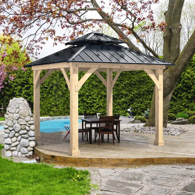 10 x 10 Ft. Outdoor Patio Hardtop Gazebo With Wood Frame And 2-Tier Metal Roof, All-Weather Gazebo Pergolas Shelter