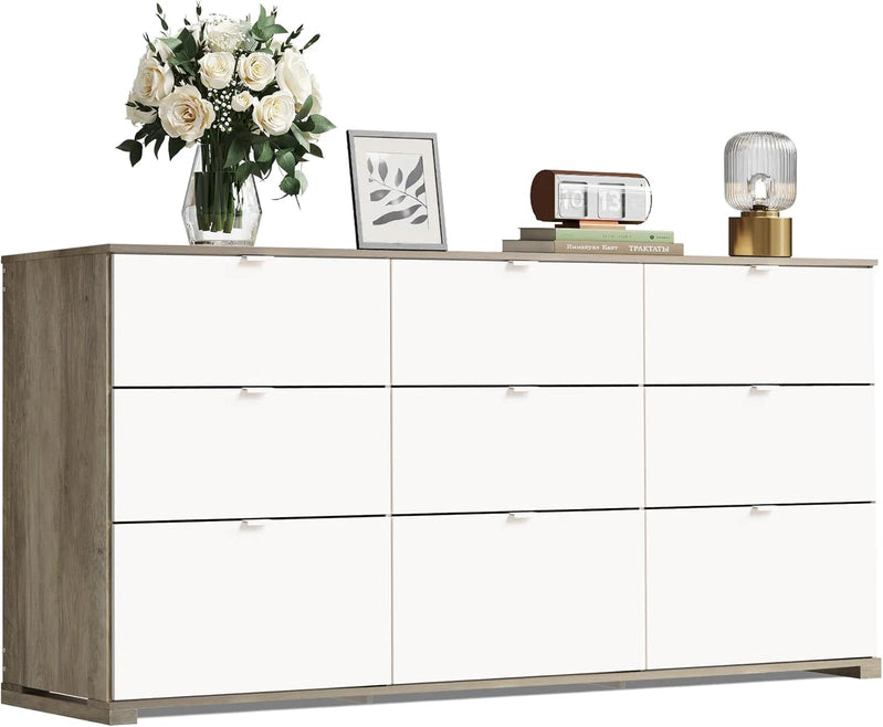 9 Drawer LED Dresser For Bedroom, 58.35 In. Wide Wood Dresser Storage Organizer With Power Outlets For 65 In. TV, Dressers With Open Shelves