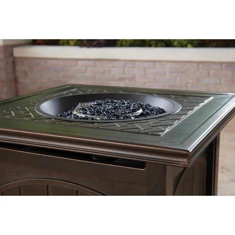 5-piece Steel Patio Fire Pit Seating Set With Navy Blue Cushions, Swivel Gliders And Square Fire Pit Table