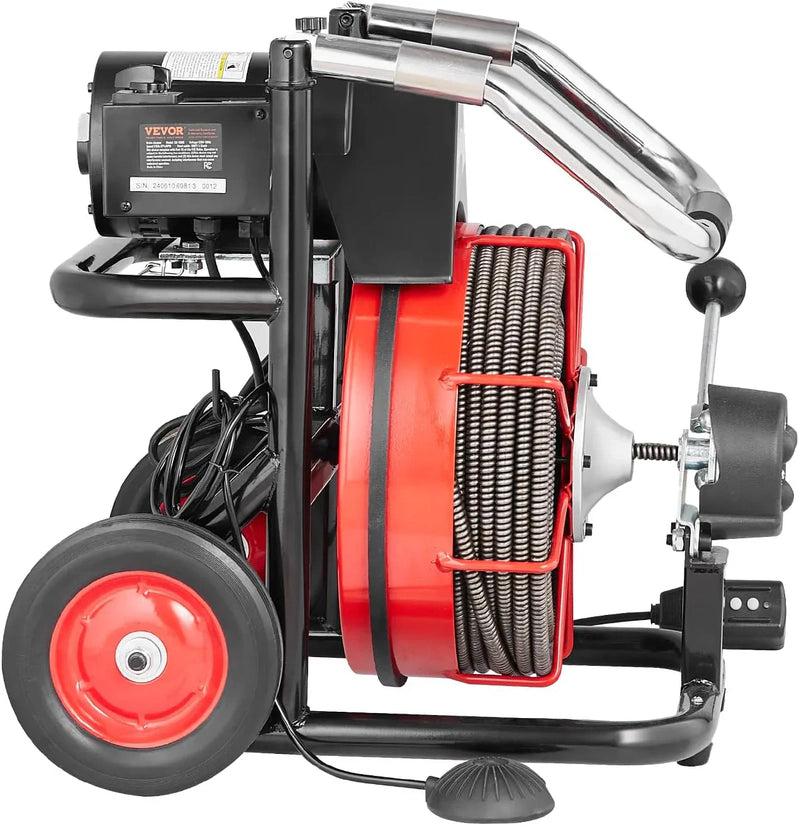 Drain Cleaner Machine 100 Ft. x 1/2 In, Auto Feed Sewer Snake Auger On Wheels