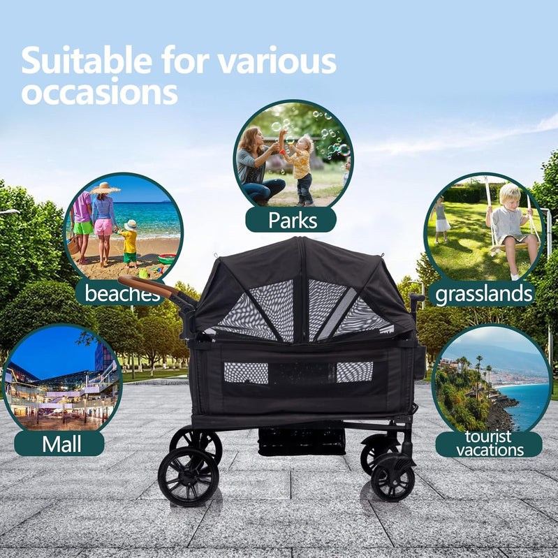 Wagon Stroller For 2 Kids And Cargo-Travel Stroller Push-Pull Double Wagon Lightweight Folding Stroller For Newborn And Toddler With 5-Point