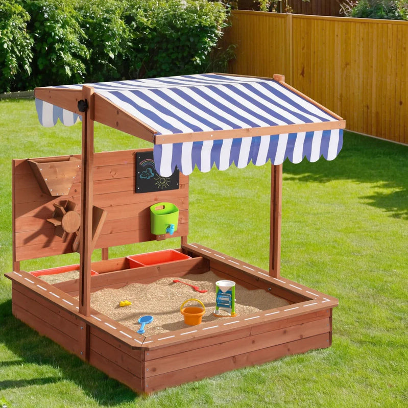 Adjustable Canopy Wooden Kids Sandpit w/Cover, Extras, Keezi