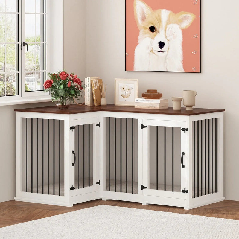 Large Corner Dog Crate Furniture For 2 Dogs, L Shape Dog Crate Cage, 58.7X41.1