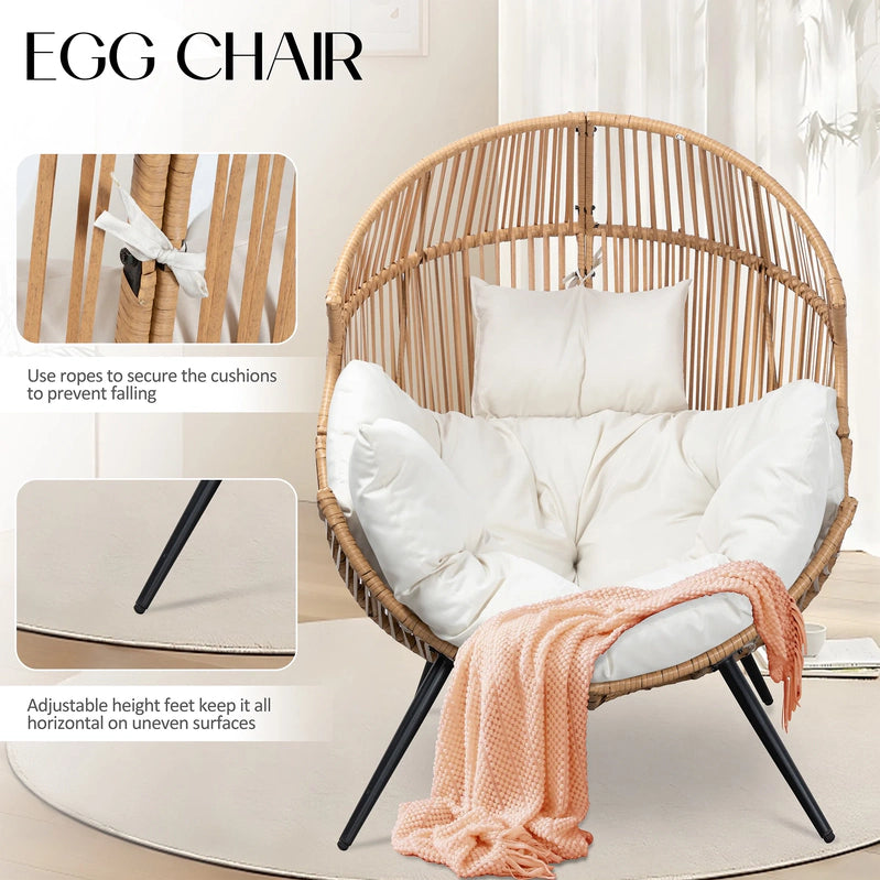 Walsunny Egg Chairs Outdoor Patio Wicker Oversized Egg Shell Lounger Lawn Chair With Cushion For Indoor Outside Porch Balcony Backyard