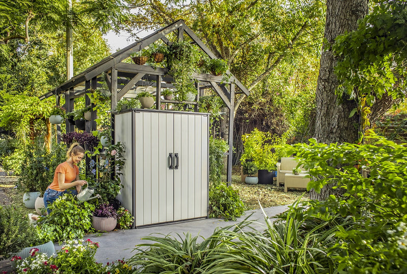 Keter Premier Tall Vertical Durable Resin Outdoor Storage Shed With Floor And Locking Double Doors, Grey