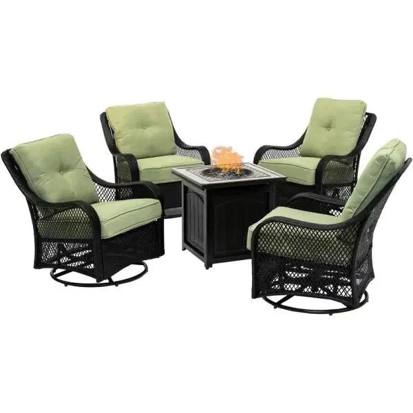 5-piece Steel Patio Fire Pit Seating Set With Navy Blue Cushions, Swivel Gliders And Square Fire Pit Table
