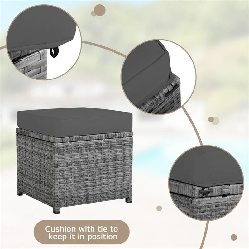 7 Pcs Rattan Patio Dining Furniture Sectional Sofa Set With Dining Table, Ottomans And Cushions