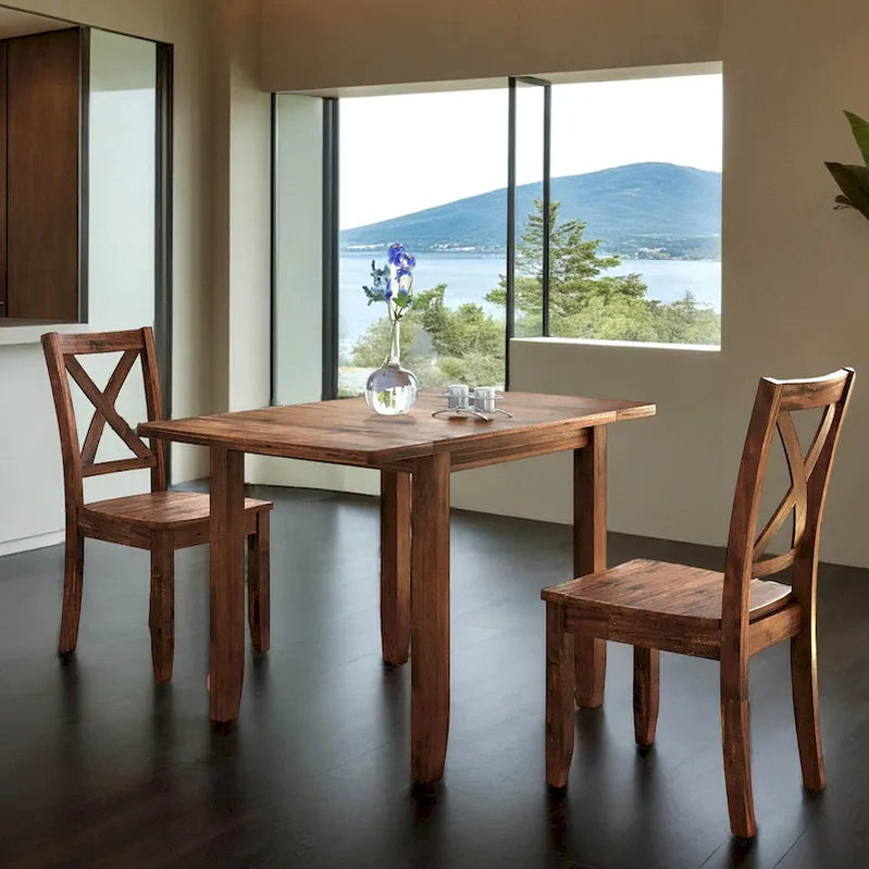 3-Piece Wood Drop Leaf Breakfast Nook Dining Table Set With 2 x-Back Chairs For Small Places