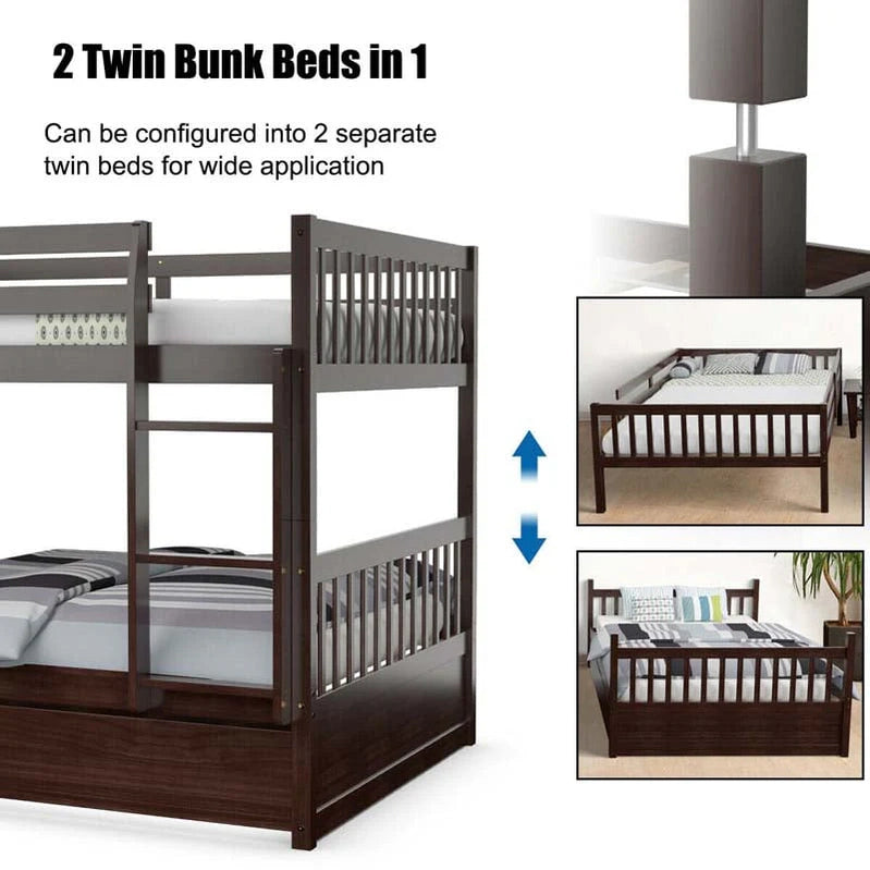 Solid Wood Full Over Full Bunk Bed Frame With Trundle, Safety Ladder And Guardrails, Convertible Bunk Bed For Kids Teens