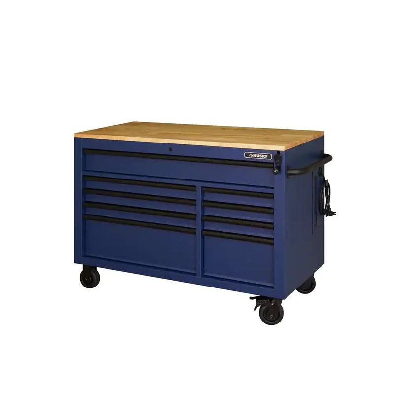 Heavy-Duty 52 In. 9-Drawer Mobile Workbench With Adjustable-Height Solid Wood Top In Matte Blue
