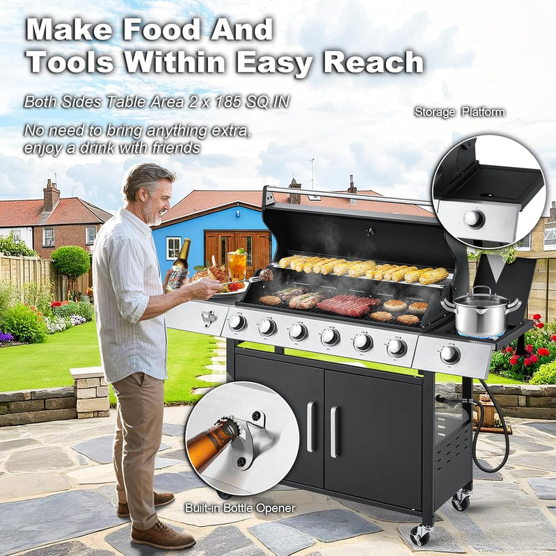 Upgraded 4 Burner Bbq Propane Gas Grill With Cast Iron Grates And Side Stove, 44,000 BTU Stainless Steel Burner Barbecue Grill For Patio