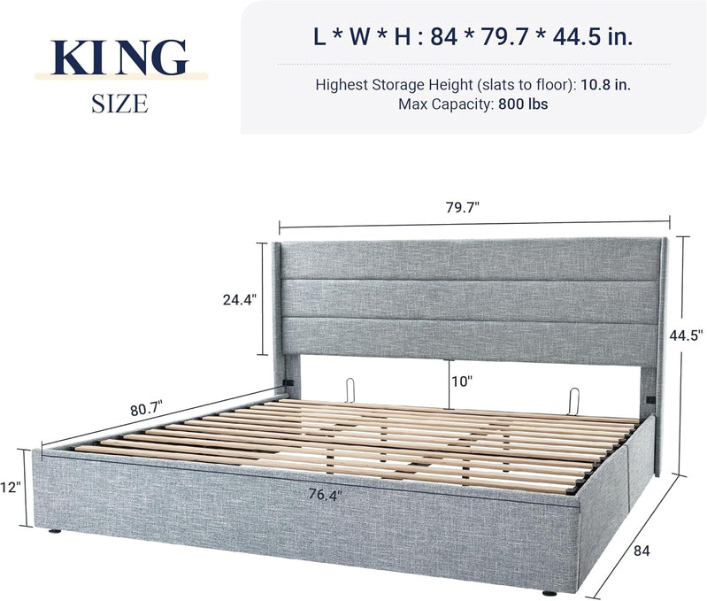 Allewie Queen Size Lift Up Storage Bed, Modern Wingback Headboard, Hydraulic Support, No Box Spring Needed, Light Beige