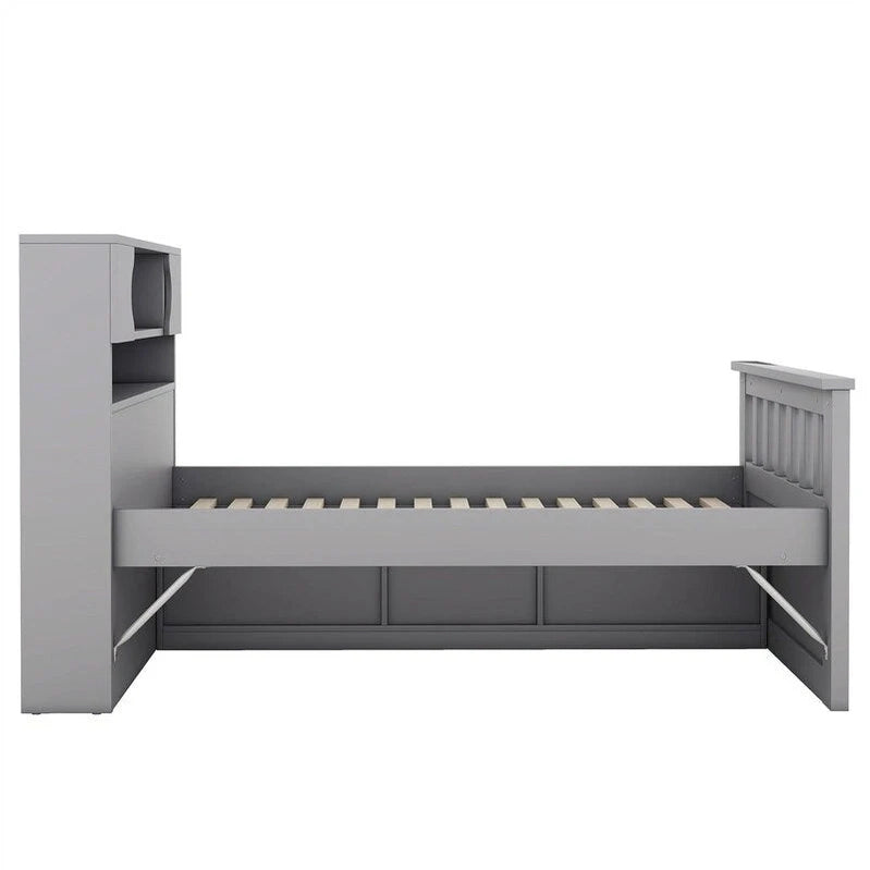 Twin/Full Size Captain Platform Bed With 4 Drawers And Storage Shelves, Solid Wood Bed Frame With Storage Bookcase Headboard