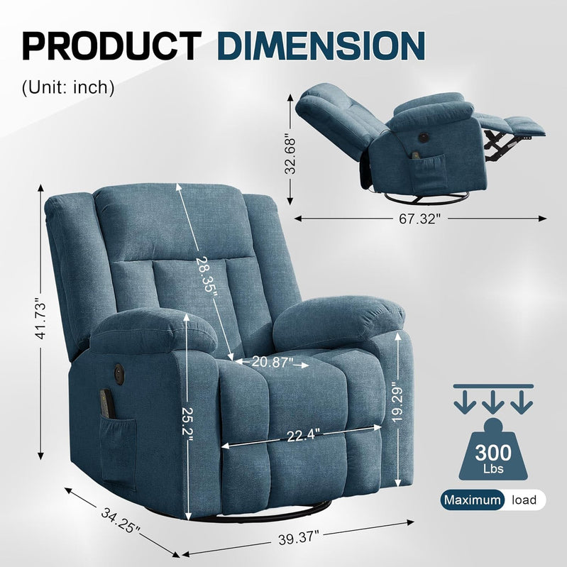 Rocker Recliner, Glider Recliner Chairs For Adults, 360 Degree Swivel Rocking Chair With Massage And Heating
