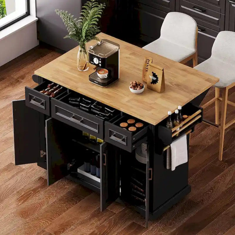 54 Large Kitchen Island With Rubber Wood Drop Leaf, Embossed Texture Rolling Kitchen Cart On 4 Wheels With 4 Doors And 3 Drawers