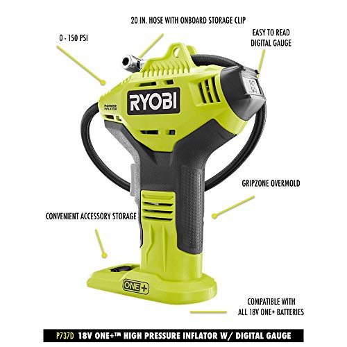 Ryobi One Plus P737D Cordless Inflator With Digital Gauge, 18V Lithium-Ion Battery, 150 PSI, Portable Pump