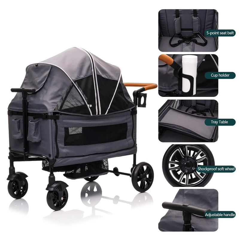 Wagon Stroller For 2 Kids And Cargo-Travel Stroller Push-Pull Double Wagon Lightweight Folding Stroller For Newborn And Toddler With 5-Point