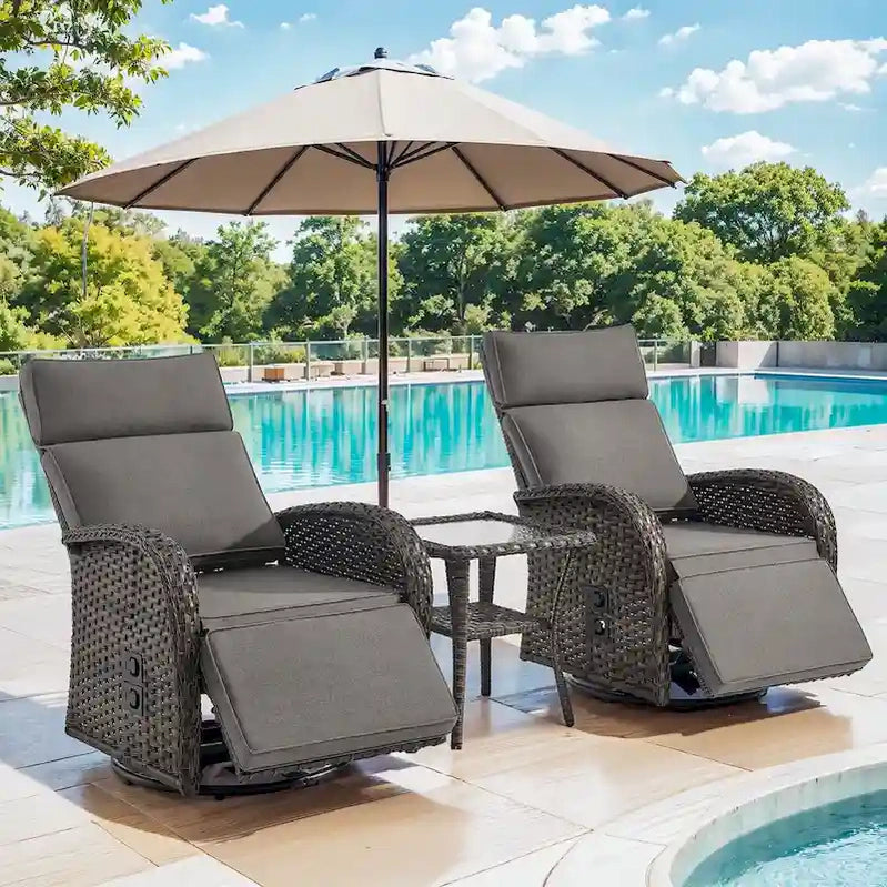 Pocassy 3PCS Versatile Outdoor Recliner Chair With Side Table Grey Cushion