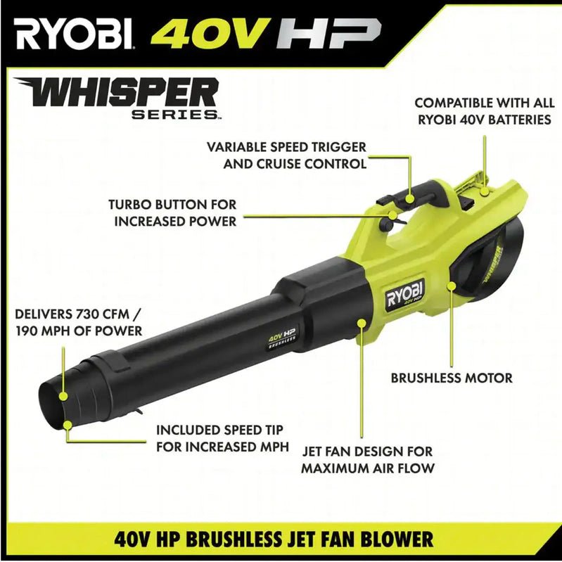 Ryobi 40V HP Brushless Whisper Series 190 MPH 730 CFM Cordless Battery Jet Fan Leaf Blower With 2 4.0 Ah Batteries And Charger