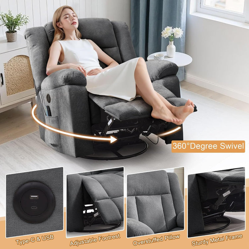 Rocker Recliner, Glider Recliner Chairs For Adults, 360 Degree Swivel Rocking Chair With Massage And Heating