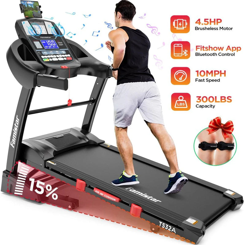 Famistar Folding Treadmill For Home With 15 Levels Auto Incline, 300lb Capcity, 10MPH Fast Speed Controls