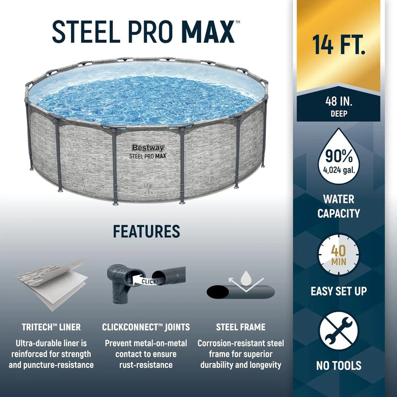 Steel Pro MAX 14 Ft. x 48 In. Round Metal Frame Above Ground Outdoor Swimming Pool Set With 1,000 Filter Pump, Ladder, And Cover, Gray
