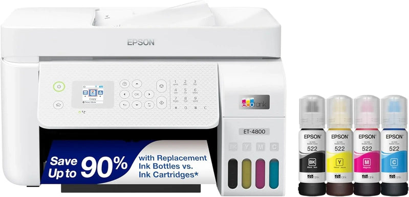 ET-4800 Wireless All-in-One Cartridge-Free Supertank Printer With Scanner, Copier, Fax, ADF And Ethernet C Ideal-For Your Home Office, White