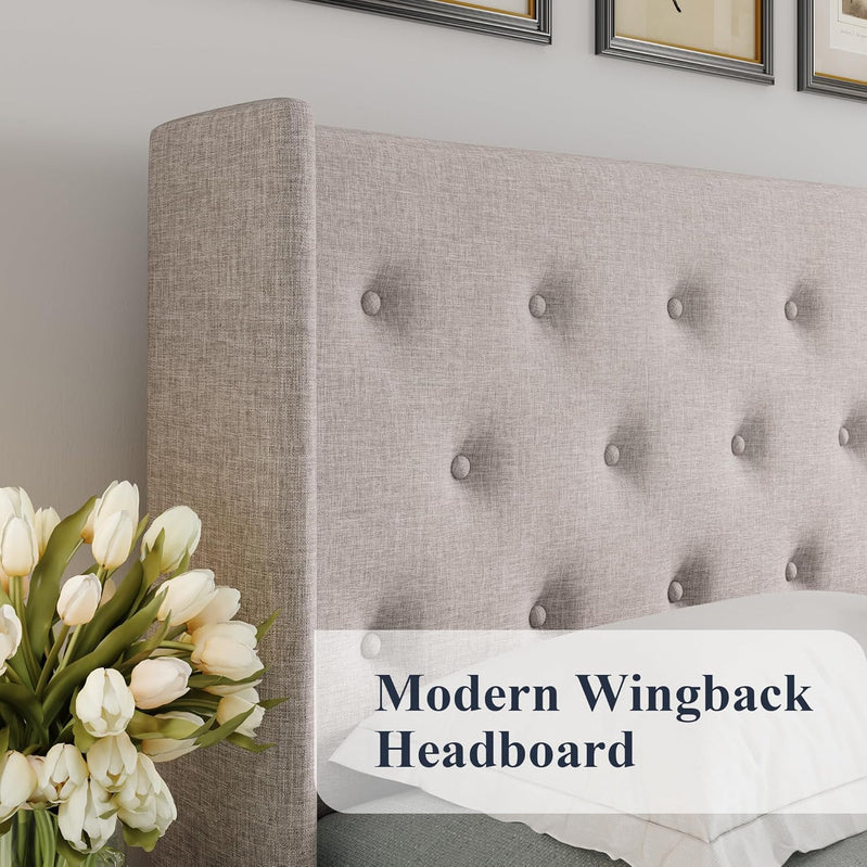 Allewie Queen Size Lift Up Storage Bed, Modern Wingback Headboard, Hydraulic Support, No Box Spring Needed, Light Beige