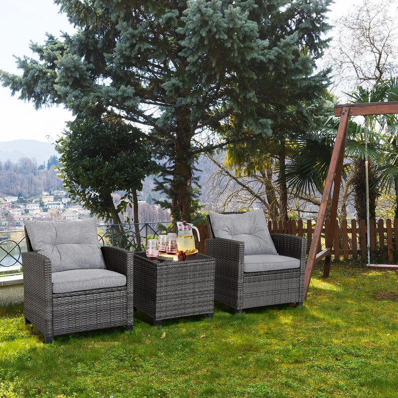Gymax 3PCS Patio Rattan Sofa Set Outdoor Wicker Conversation Set Glass Tabletop w/Grey Cushion