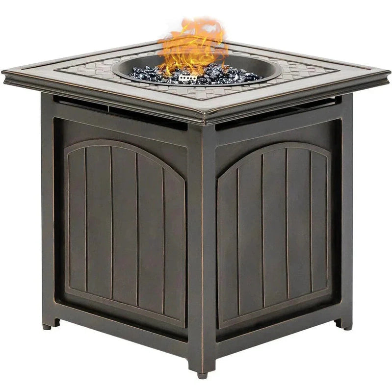 5-piece Steel Patio Fire Pit Seating Set With Navy Blue Cushions, Swivel Gliders And Square Fire Pit Table