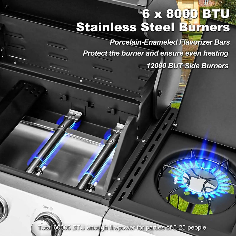 Upgraded 4 Burner Bbq Propane Gas Grill With Cast Iron Grates And Side Stove, 44,000 BTU Stainless Steel Burner Barbecue Grill For Patio