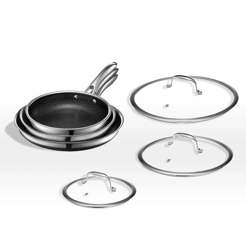 HexClad 6 Piece Hybrid Stainless Steel Cookware Pan Set 8 In., 10 In., 12 In. With Glass Lids, Size, One Size, Black