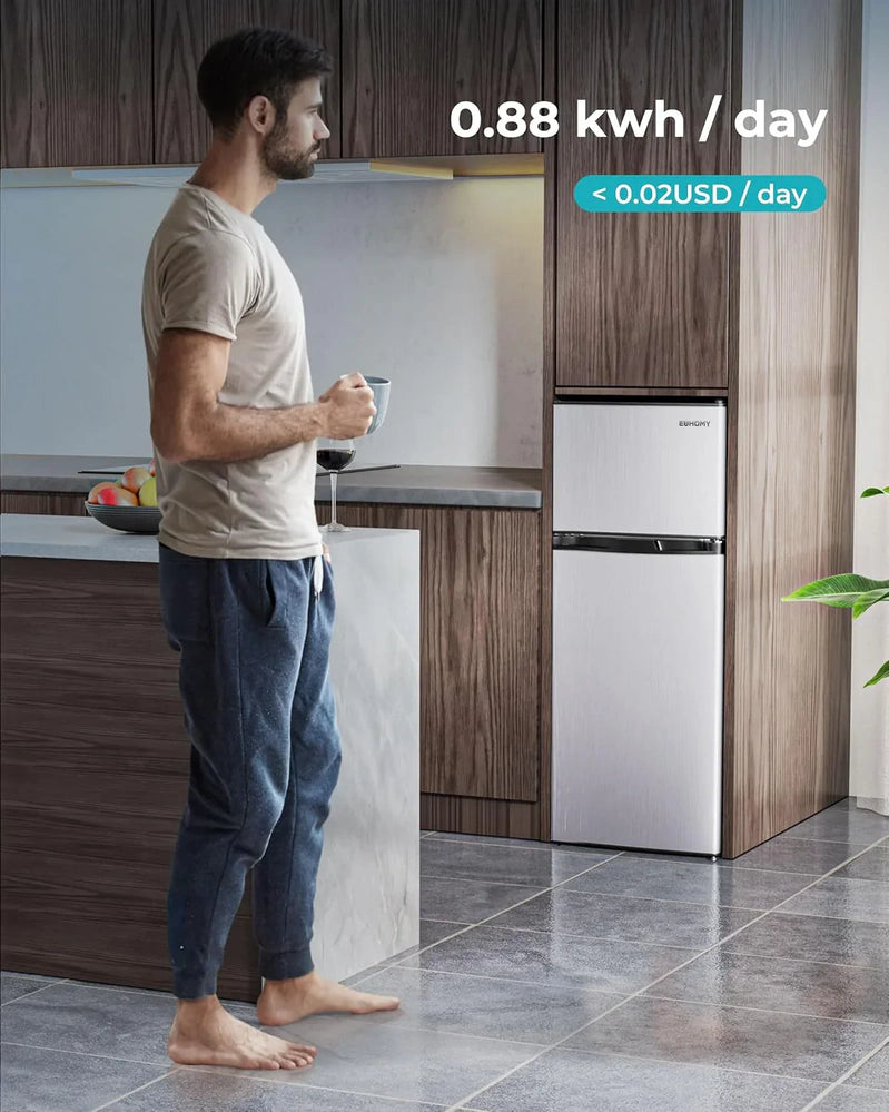 Euhomy 3.2 Cu. Ft. Mini Fridge With Freezer 2-Door Compact Refrigerator For Bedroom, Dorm, Office Or Apartment, Silver