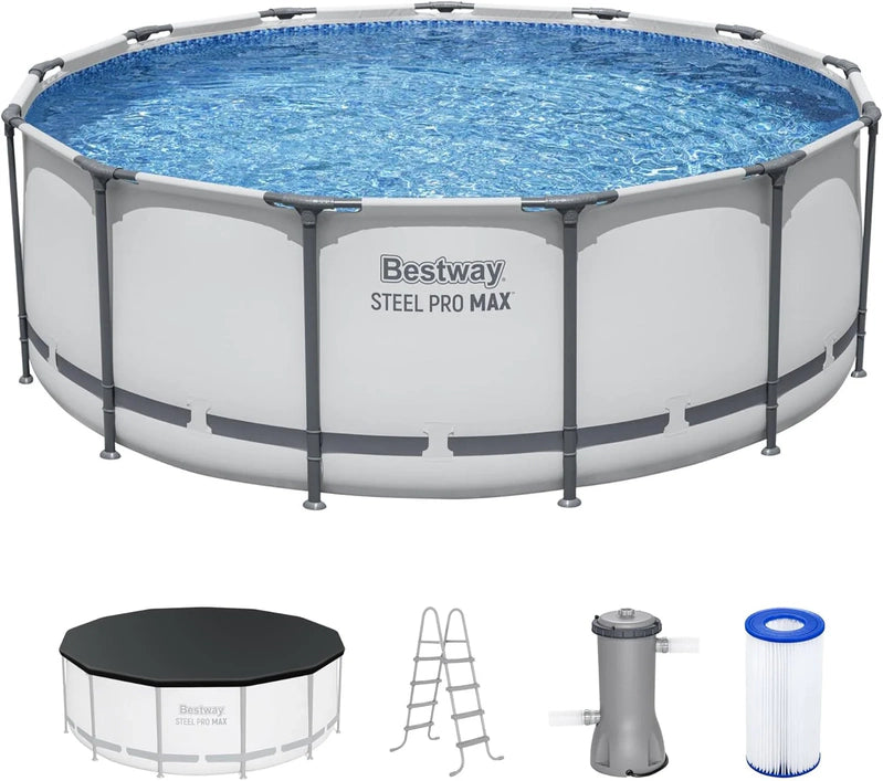 Steel Pro MAX 14 Ft. x 48 In. Round Metal Frame Above Ground Outdoor Swimming Pool Set With 1,000 Filter Pump, Ladder, And Cover, Gray