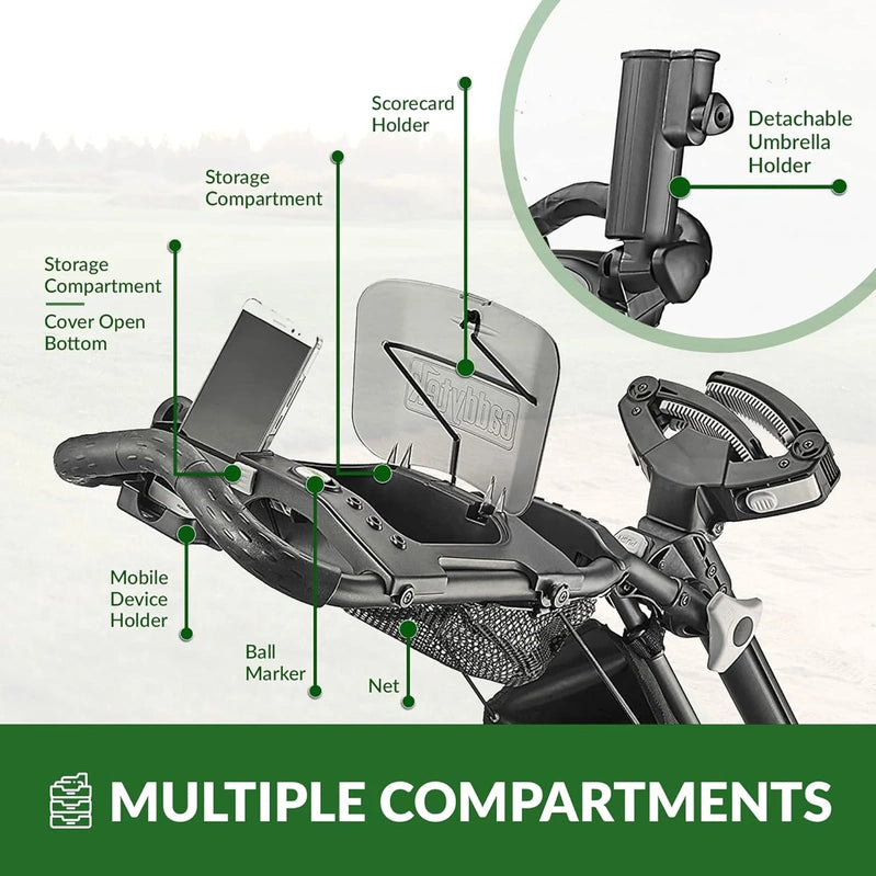 3Wheel Golf Push Cart, Golf Trolley Foldable Collapsible Lightweight Pushcart With Foot Brake, Easy To Open And Close