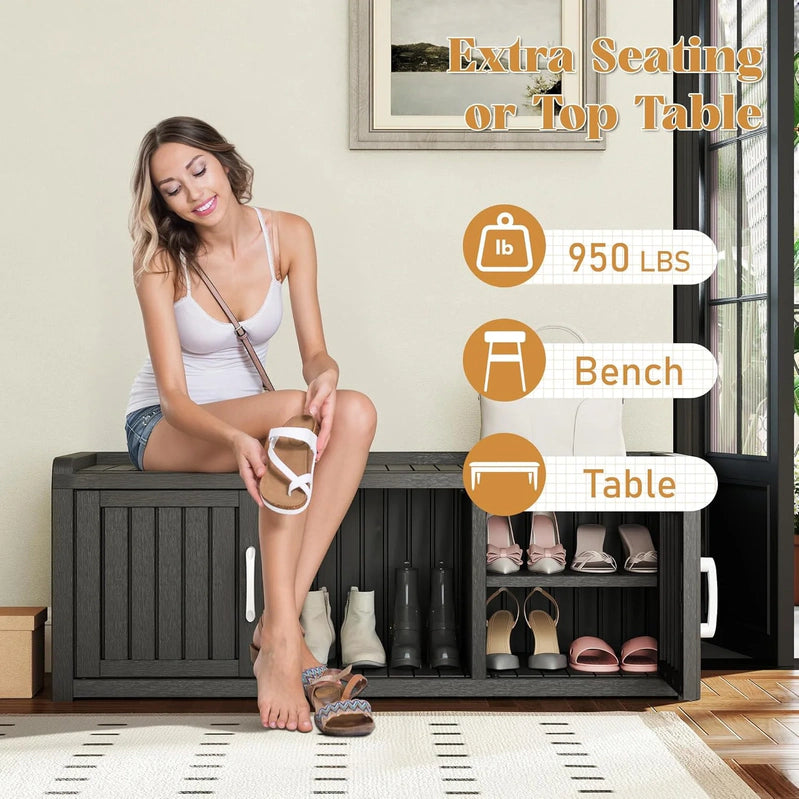 Kamaboko Outdoor Shoe Storage Cabinet, Waterproof UV-Resistant Entryway Storage Bench Indoor Outdoor With 2 Barn Doors
