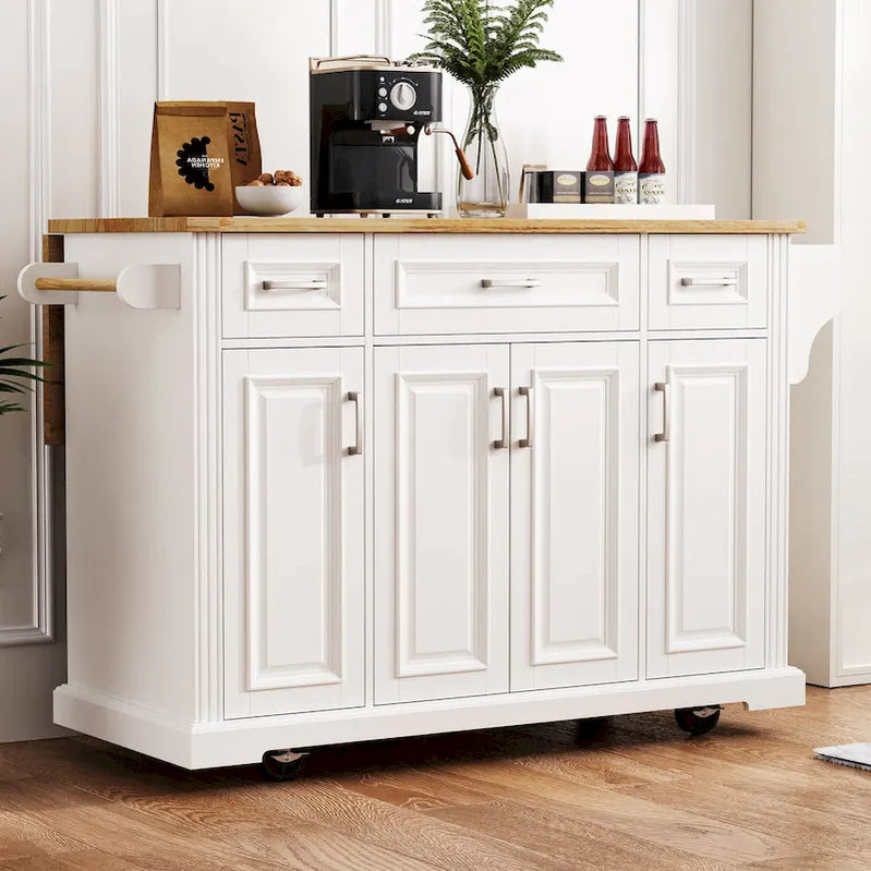Large Kitchen Island With Wood Drop Leaf, Embossed Texture Rolling Kitchen Cart wDoors And Drawers wStorage For Kitchen, White