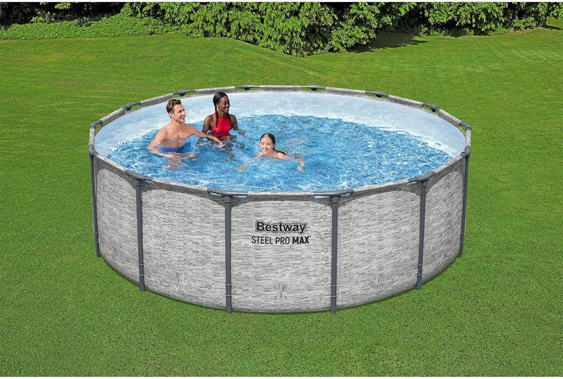 Steel Pro MAX 14 Ft. x 48 In. Round Metal Frame Above Ground Outdoor Swimming Pool Set With 1,000 Filter Pump, Ladder, And Cover, Gray