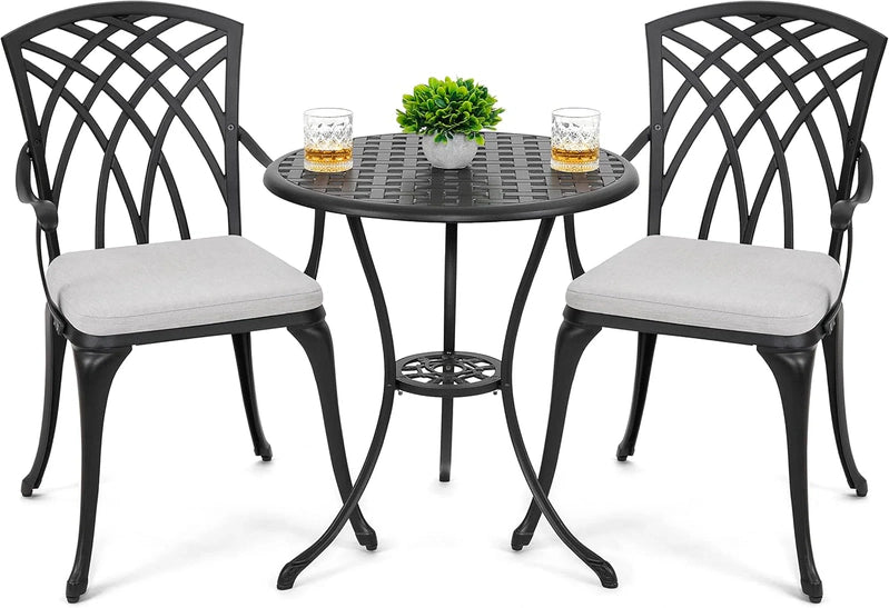 Nuu Garden Bistro Set 3 Piece Outdoor Cast Aluminum Patio Bistro Set Patio Table And Chairs Set Of 2 With Umbrella Hole And Gray Cushions, Black
