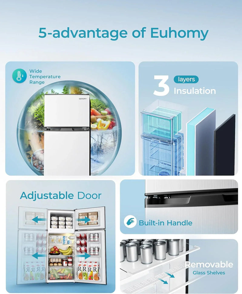 Euhomy 3.2 Cu. Ft. Mini Fridge With Freezer 2-Door Compact Refrigerator For Bedroom, Dorm, Office Or Apartment, Silver