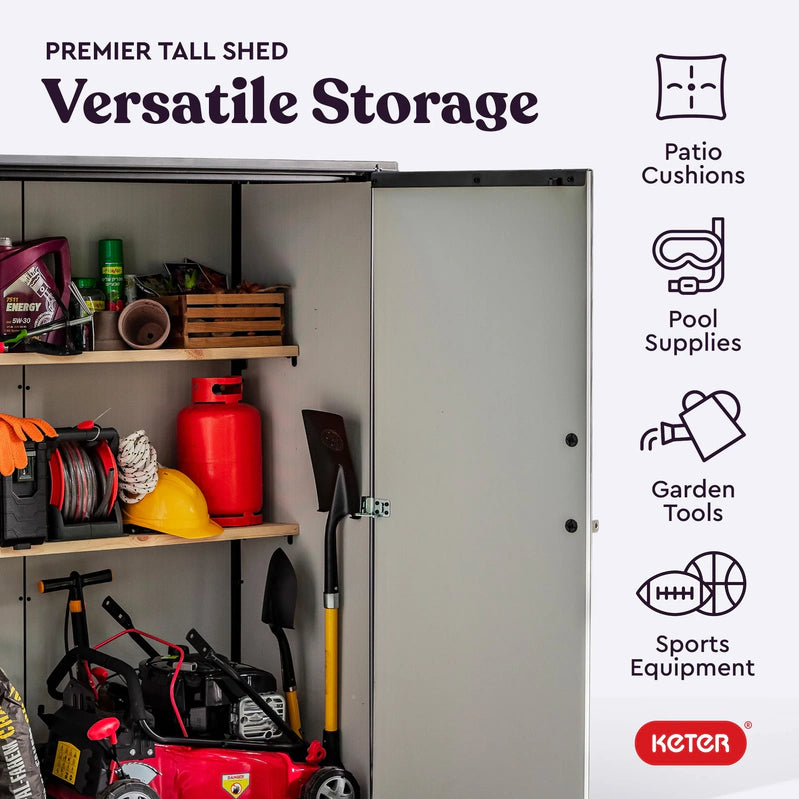 Keter Premier Tall Vertical Durable Resin Outdoor Storage Shed With Floor And Locking Double Doors, Grey