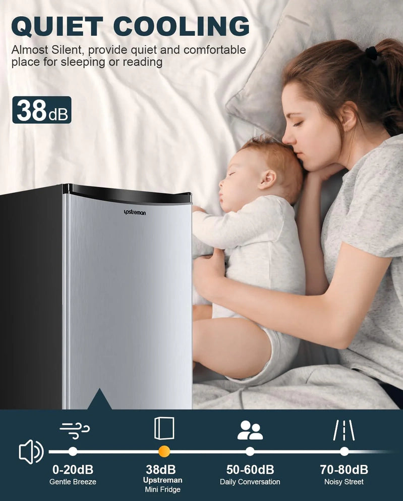 Upstreman 3.2 Cu. Ft. Mini Fridge With Freezer, Single Door Mini Fridge, Dorm Fridge, Adjustable Thermostat, Black-BR321
