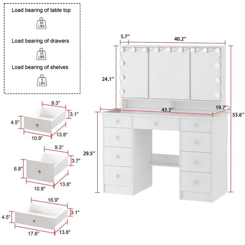 Makeup Vanity w/Tri-Fold Mirror Certified Lighting Glass Top Dresser