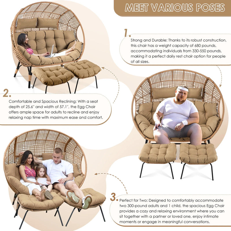 Radiata Double Egg Chair For 2 Person, Oversized Wicker Loveseat With Thick Cushions, 680 Lbs Capacity