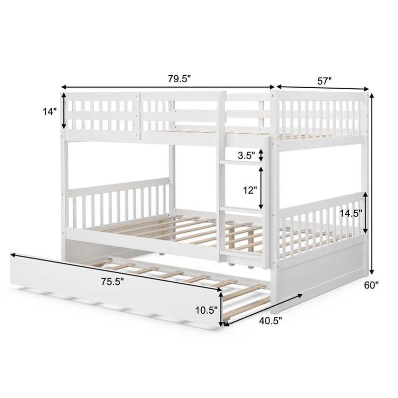 Solid Wood Full Over Full Bunk Bed Frame With Trundle, Safety Ladder And Guardrails, Convertible Bunk Bed For Kids Teens