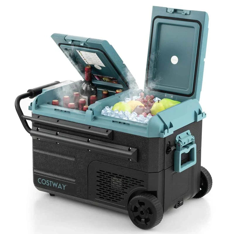 40-Quart Dual-Zone Car Refrigerator With Wheels, 12V/24V DC And 100-240V AC Portable Car Fridge Cooler Freezer